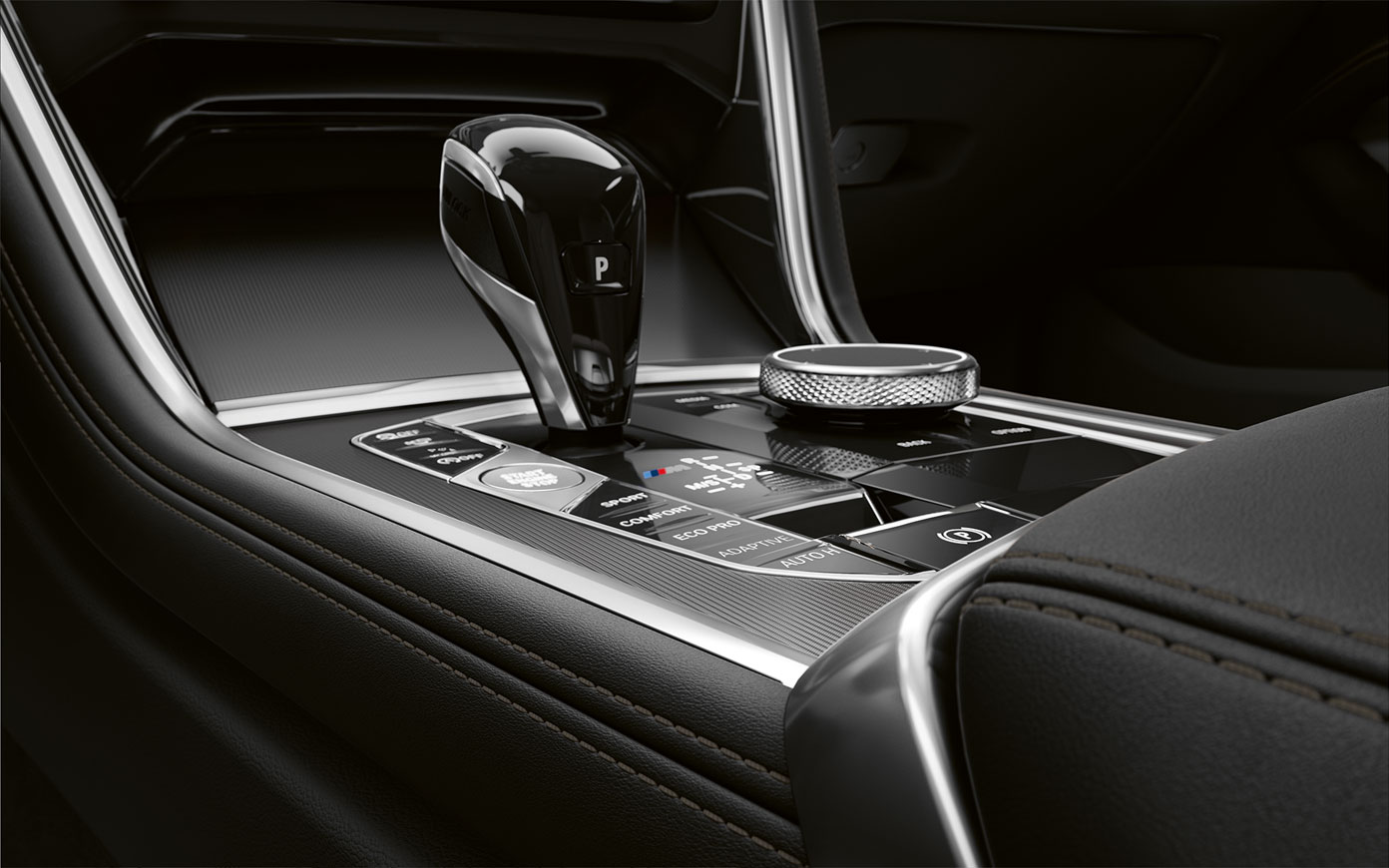 Close-up of the middle console of the BMW 8 Series Coupé.