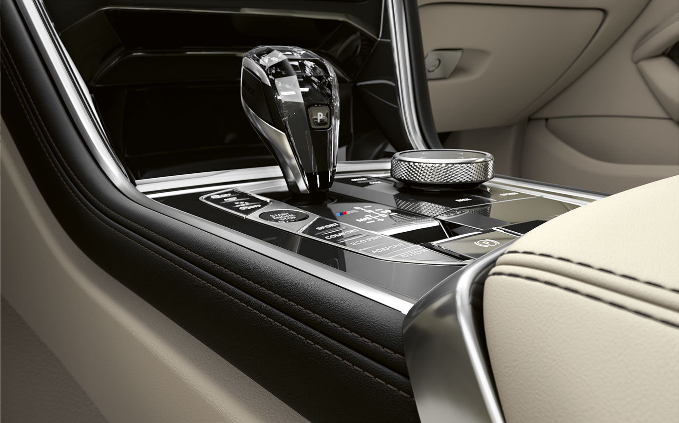 Close-up of the middle console of BMW 8 Series Coupé.