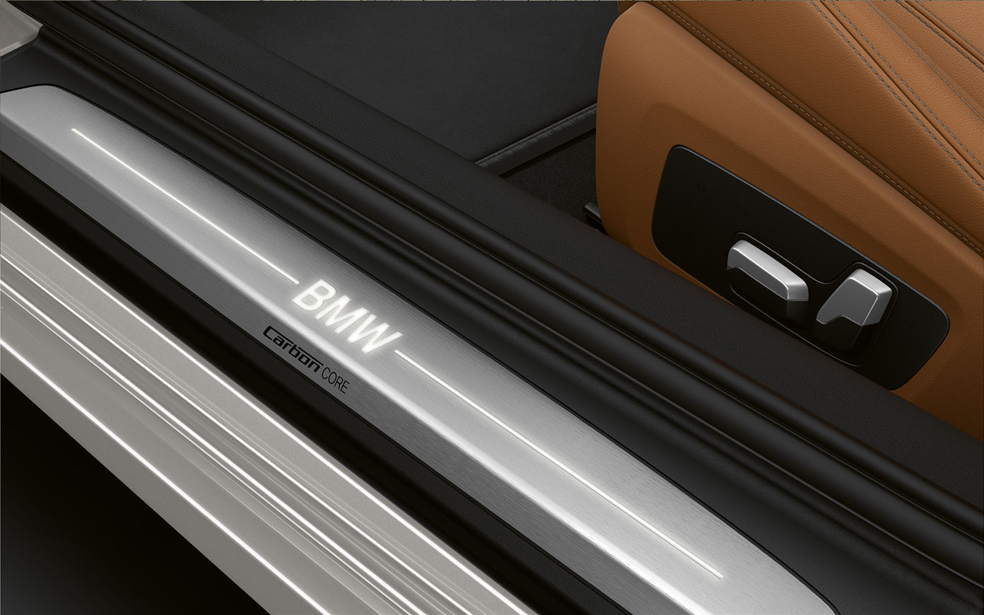 Close-up of the door sill of the BMW 8 Series Coupé with BMW logo.